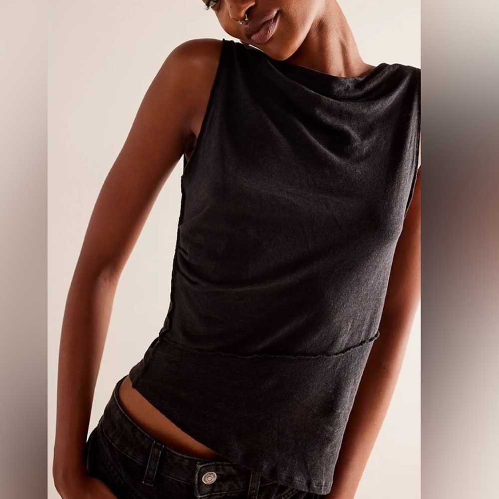 Free People Black Linen We The Free Fall For Me Tee Cowl Neck Asymmetrical